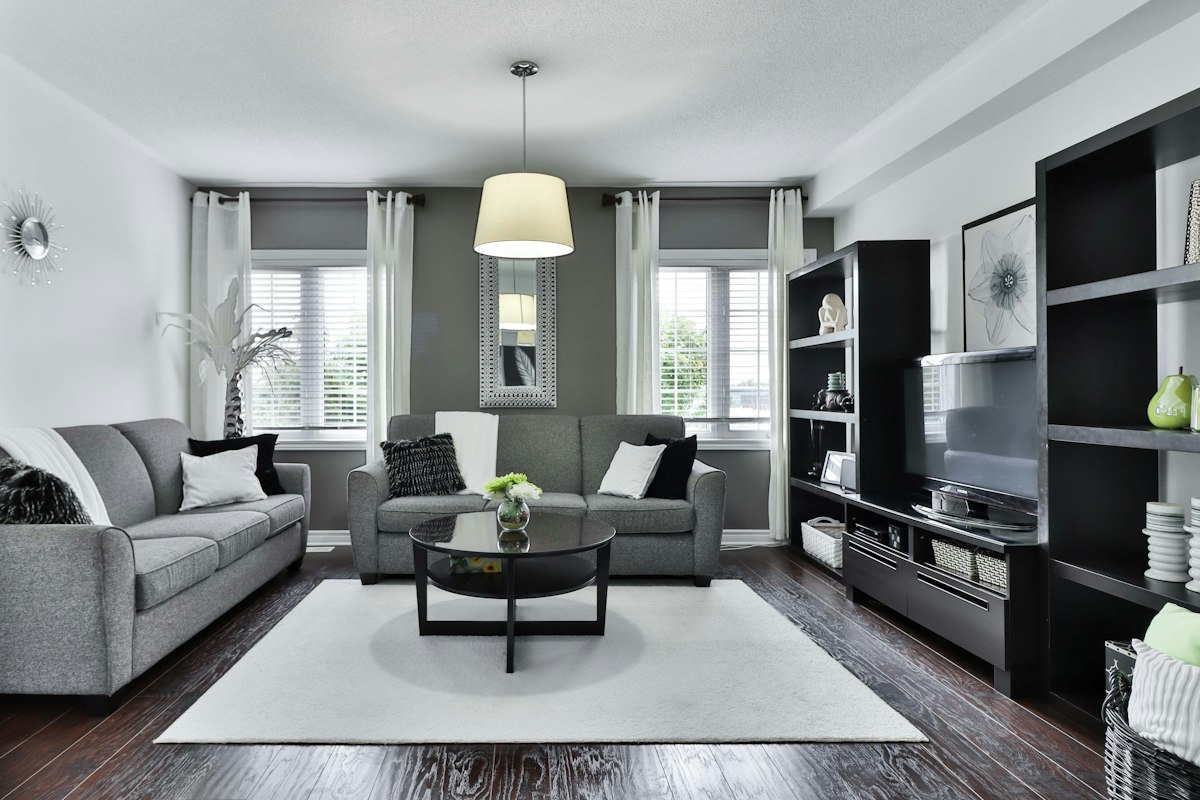 Finished family room with built-in shelving